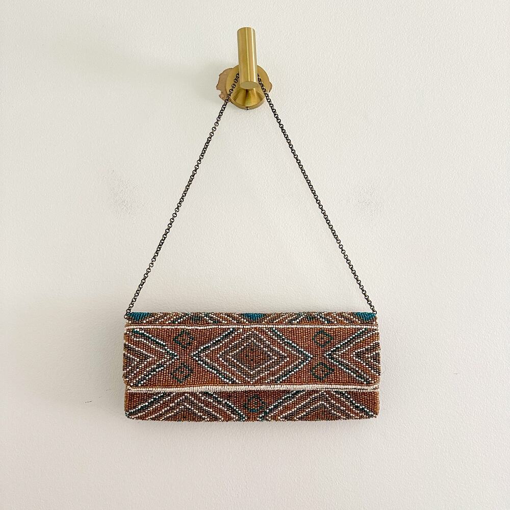 Santi Aztec Pattern Beaded Rectangle Shape Clutch Bag Brown - Picture 1 of 8